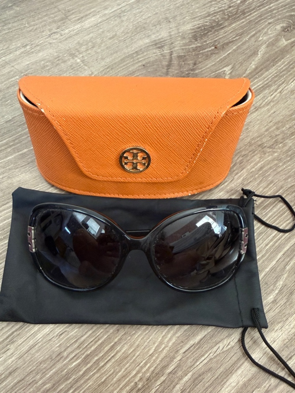 Tory Burch Black Oversized Sunglasses with Orange Logo Case